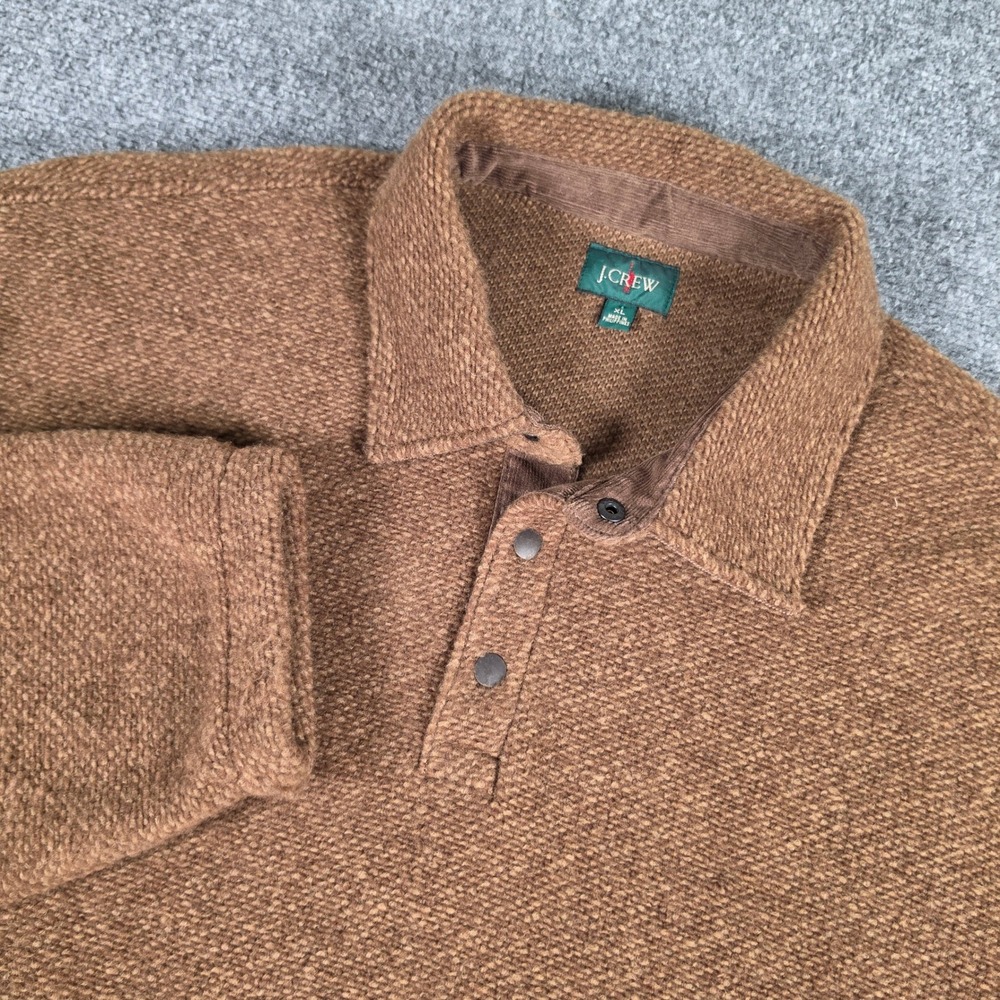 J Crew Oarsman Sweater Fleece Men XL Brown Wool Blend Snap Collar Pullover CE283